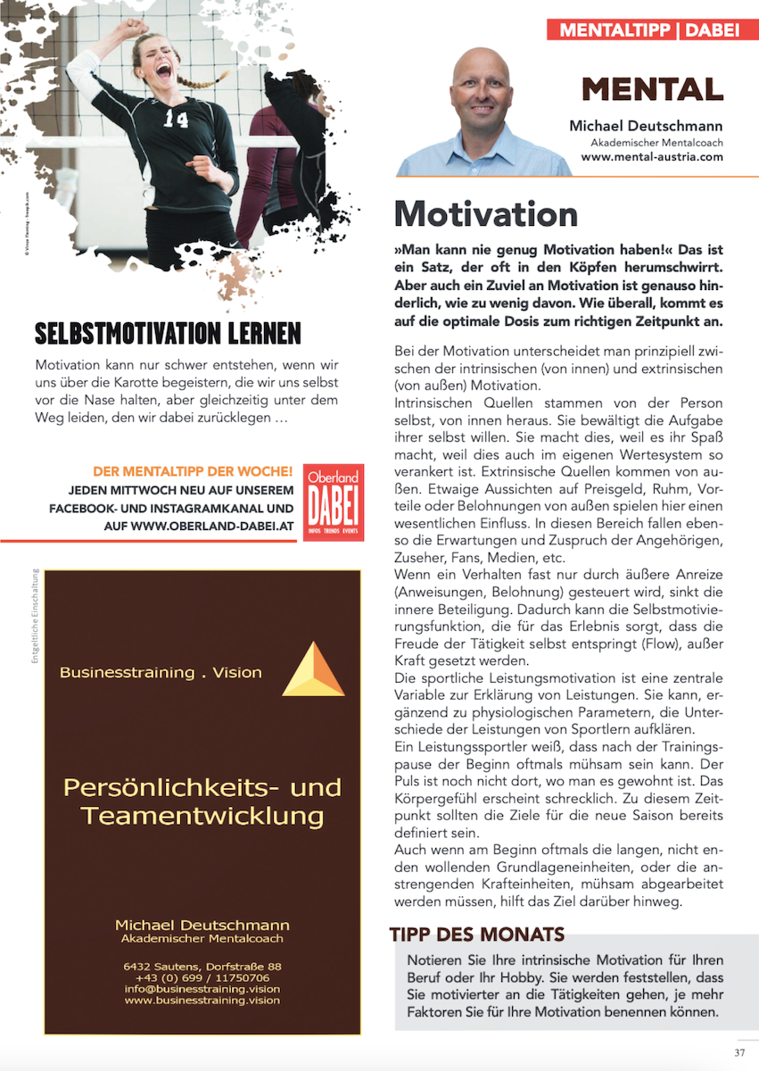 Akademischer Mentalcoach Michael Deutschmann - Mental-Kolumne - Oberland DABEI - April 2021 - Motivation - Mentaltraining - Mentalcoaching - Mentaltrainer - Mentalcoach - Supervision - Supervisor - Hypnose - Businesstraining - Führungskräftetraining - Teamtraining - Businesscoaching - Führungskräftecoaching - Teamcoaching - Gruppendynamik